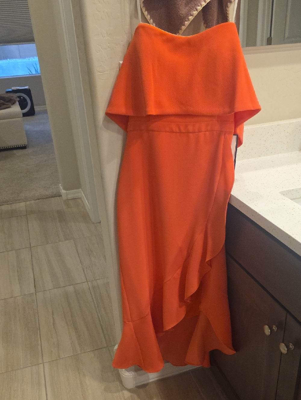 Xscape Orange Strapless Ruffle-Hem Dress